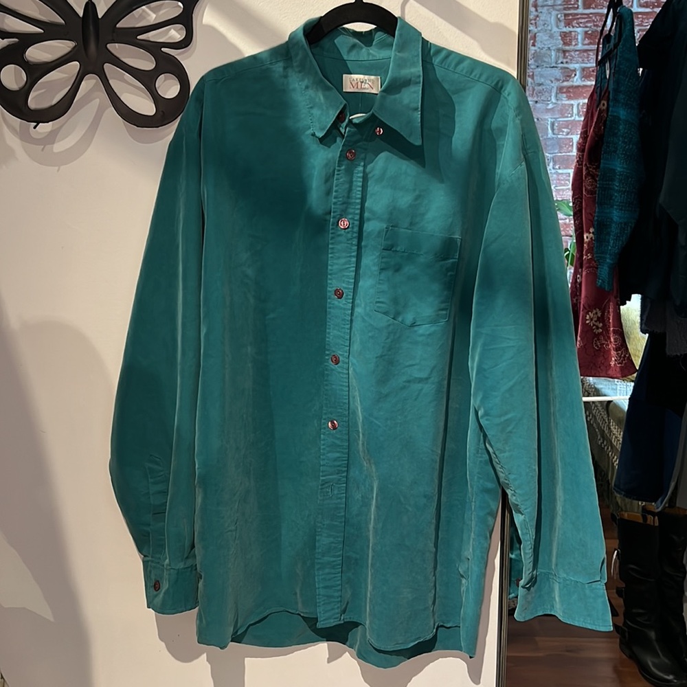 Teal flowy longsleeve button up dress shirt in slinky fabric